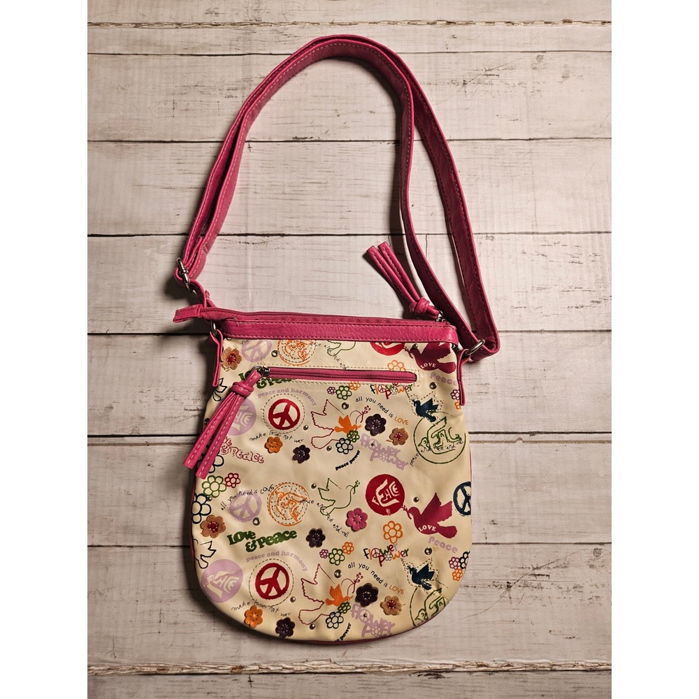 Peace Love Dove Flower Power Pink Crossbody Bag Small Messenger Purse